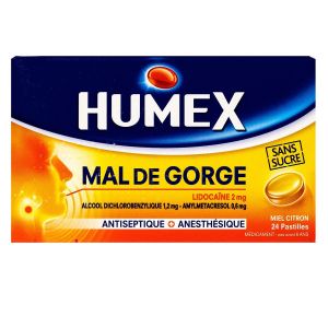 Humex mal de gorge 24 pastilles lidocaïne goût miel-citron