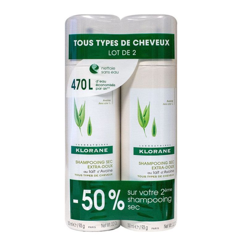Klorane - Shampooing sec lait d'avoine 2x150mL