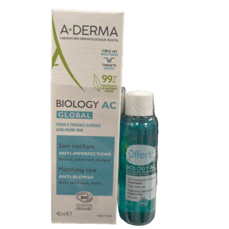 A-Derma Biology AC Global soin matifiant 40ml + gel moussant Biology AC offert 25ml