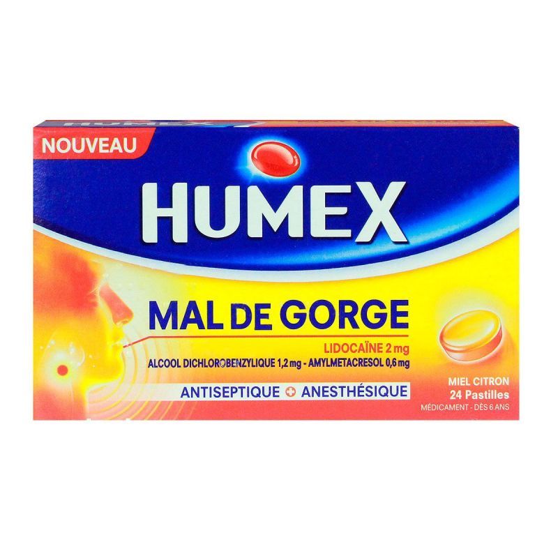 Humex mal de gorge 24 pastilles lidocaïne goût miel-citron